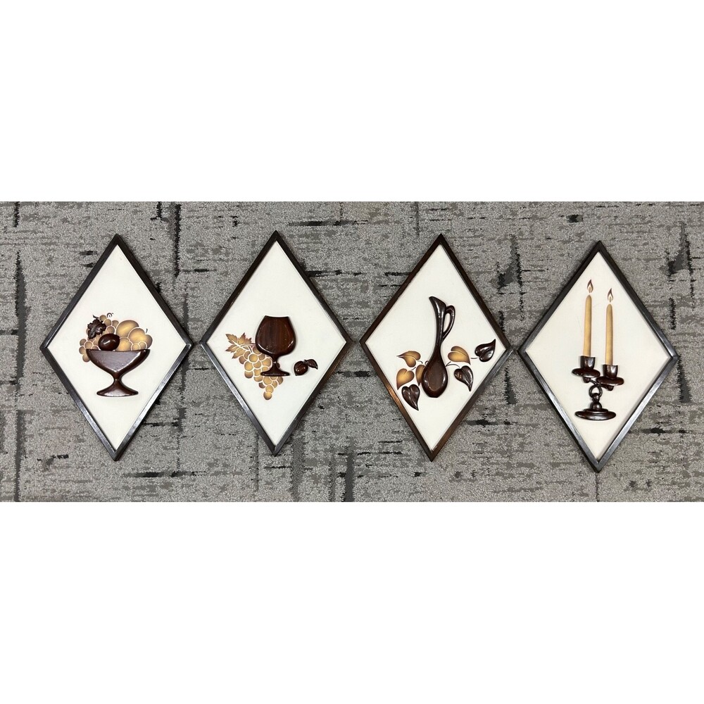 MCM Wood Diamond Framed Art Wall Decor Fruit Bowl Vase Candles Wine Brown Gold